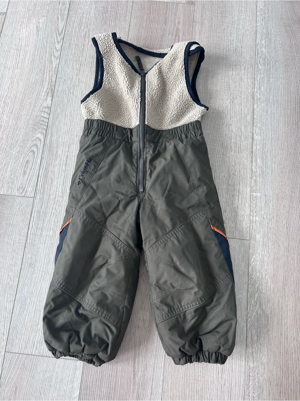 Columbia Kids Olive Overalls with Cream Fleece Bodice and Navy Trim